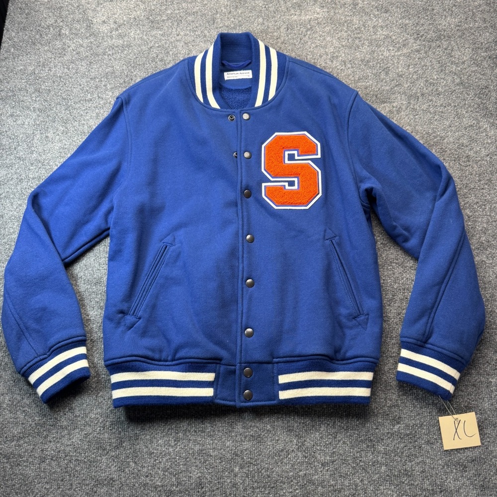 American Apparel Varsity Jacket XL Blue Sweatshirt Fleece Orange S Patch USA